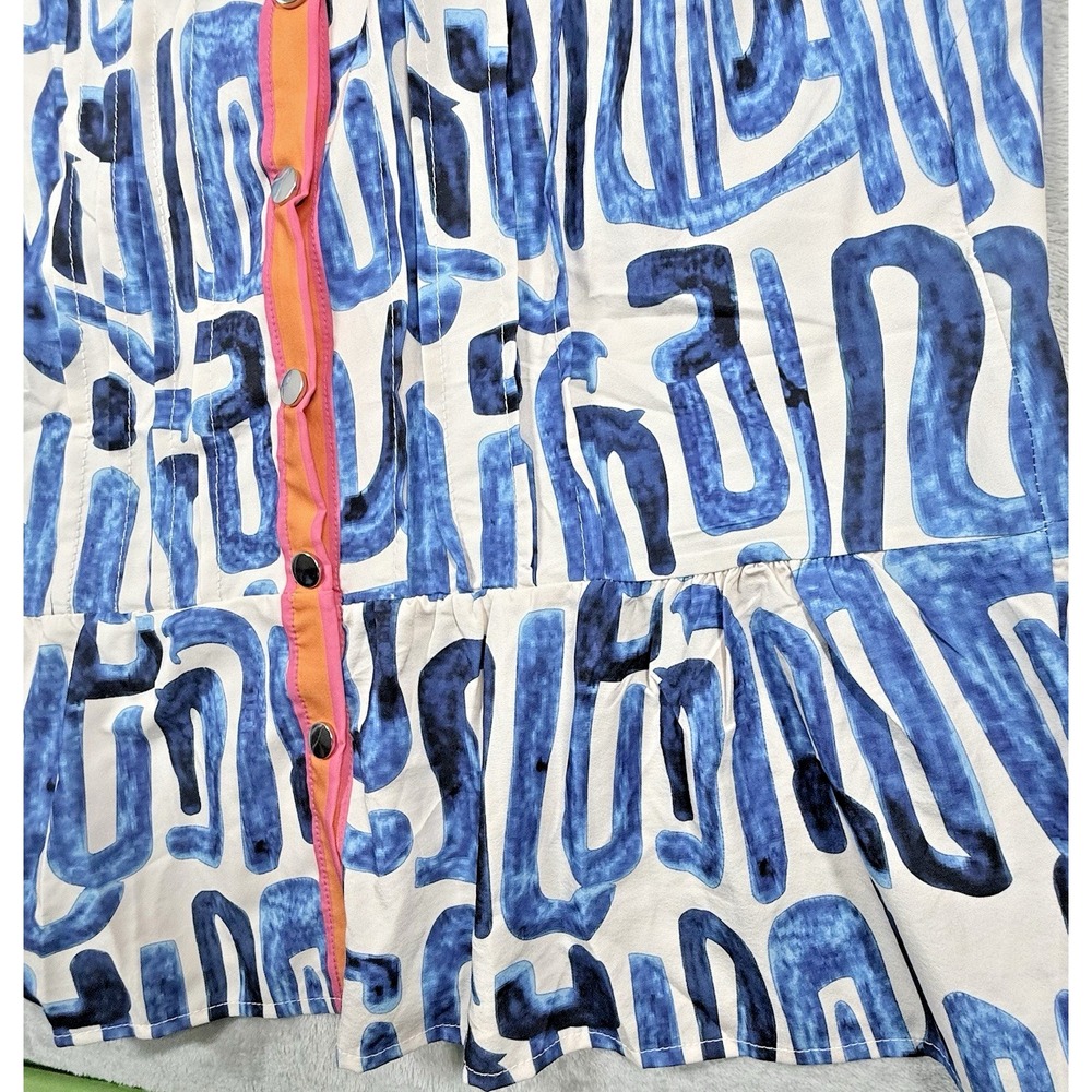 NWOT Geometric Women's Dress Large Mixed Print Blue Colorful Snap Buttons Ruffle - Picture 6 of 7